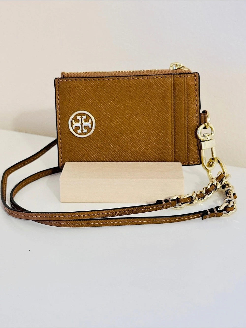 Tory Burch Robinson Saffiano Leather Card Case Lanyard Brown